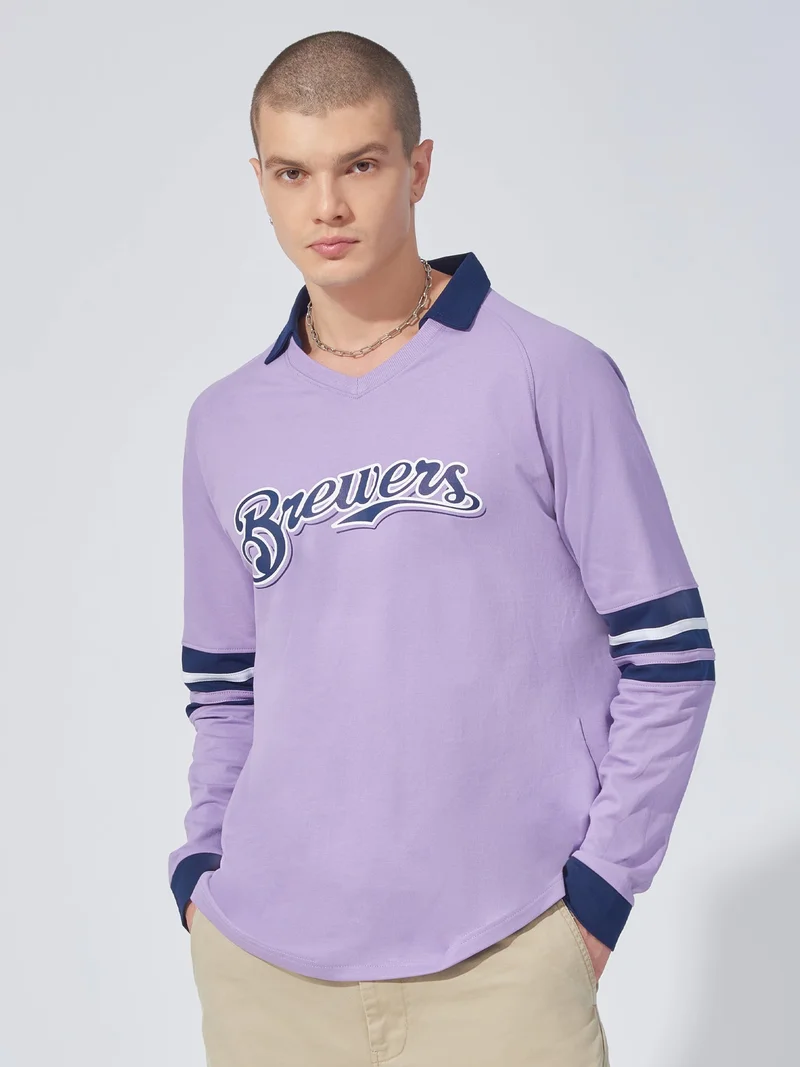 Maniac Maniac Mens Printed Polo Neck Raglan Full Sleeve Lavender and Navy Cotton Sweatshirt