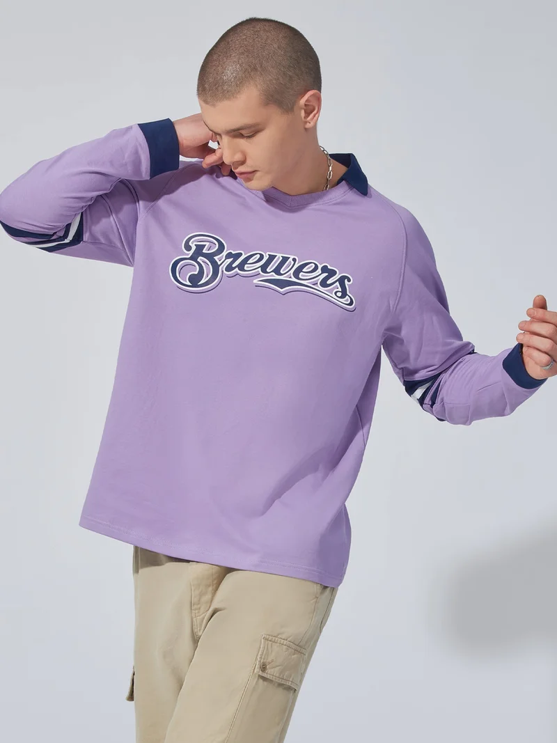 Maniac Maniac Mens Printed Polo Neck Raglan Full Sleeve Lavender and Navy Cotton Sweatshirt