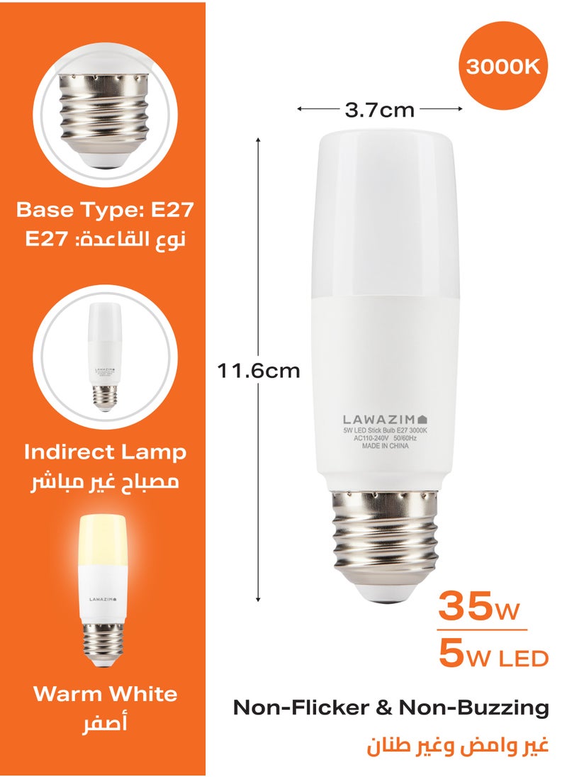 LAWAZIM - 5W LED Stick E27 -6 Piece 3000K Warm White- Energy Saving 35W Equivalent Non-Dimmable Lightbulbs with 400 Lumens and a Lifespan of 15,000 Hours - for Wall Sconces, Desk Lamps, and Garage Use - Image 1