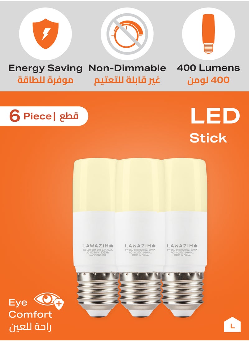 LAWAZIM - 5W LED Stick E27 -6 Piece 3000K Warm White- Energy Saving 35W Equivalent Non-Dimmable Lightbulbs with 400 Lumens and a Lifespan of 15,000 Hours - for Wall Sconces, Desk Lamps, and Garage Use - Image 1