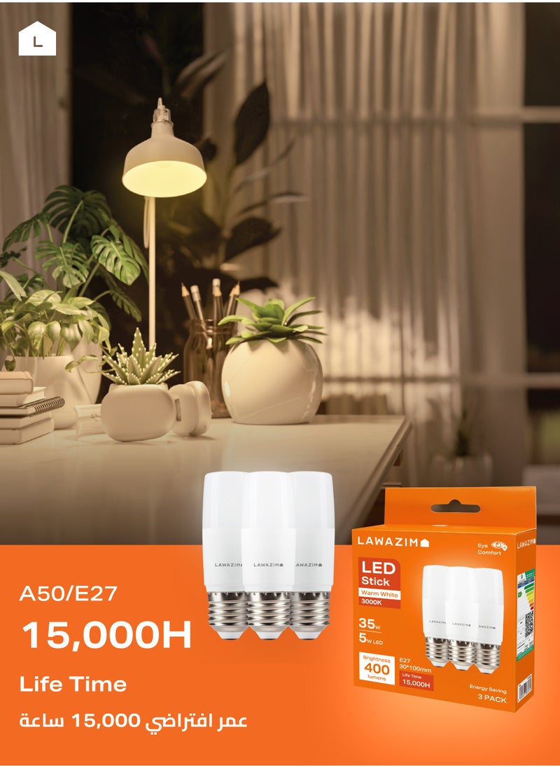 LAWAZIM - 5W LED Stick E27 -6 Piece 3000K Warm White- Energy Saving 35W Equivalent Non-Dimmable Lightbulbs with 400 Lumens and a Lifespan of 15,000 Hours - for Wall Sconces, Desk Lamps, and Garage Use - Image 1