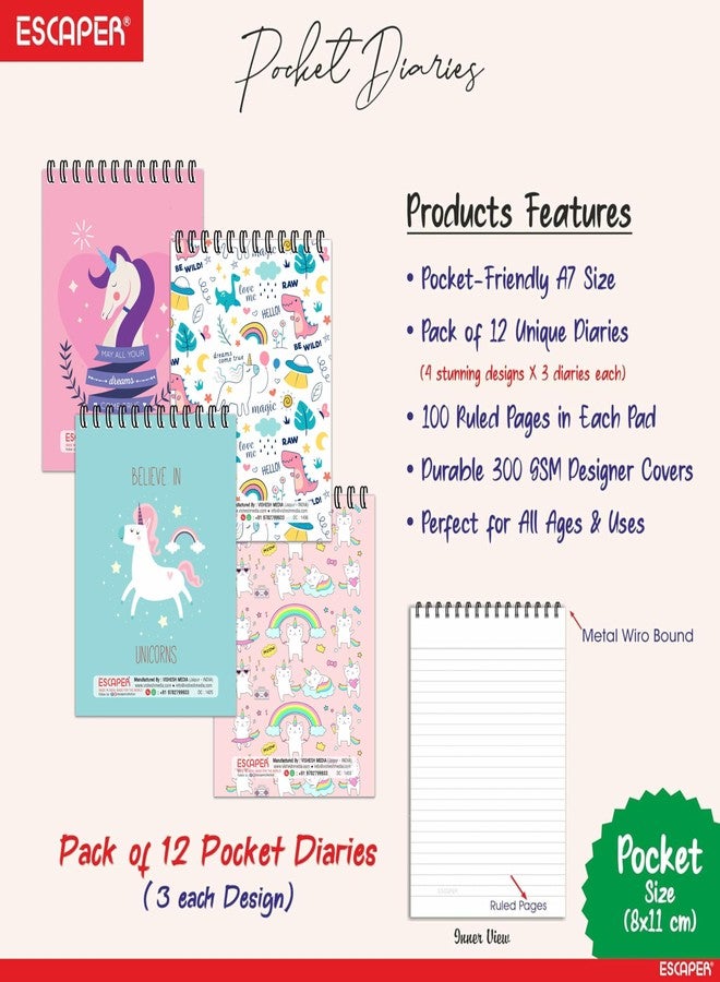 ESCAPER مفكرة جيب إسكيبر A7 (عبوة من 12 مفكرة - 10.5 × 7.5 سم)، دفتر صغير ذو غلاف حلزوني، يحتوي على 100 صفحة مسطرة مطبوعة من الأمام والخلف، دفتر أنيق صغير الحجم للملاحظات، المكتب، المدرسة والسفر - Image 2