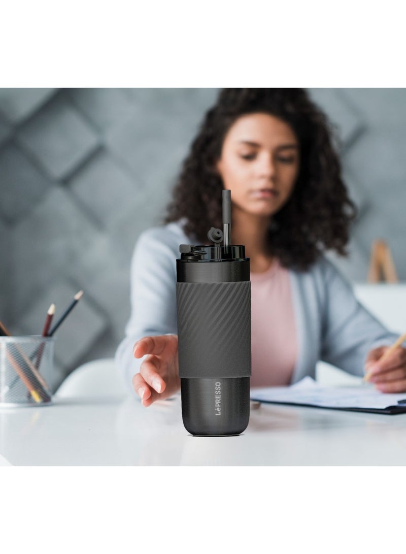 LePRESSO Thermal Tumbler with Infusion Filter 520ml / Keeps Warm and Cold /Tea Filter Components / Reusable Straw/ Durable Travel Mug / Car Holder Compatible - Grey  - Image 4