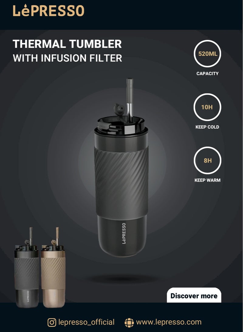 LePRESSO Thermal Tumbler with Infusion Filter 520ml / Keeps Warm and Cold /Tea Filter Components / Reusable Straw/ Durable Travel Mug / Car Holder Compatible - Grey  - Image 5