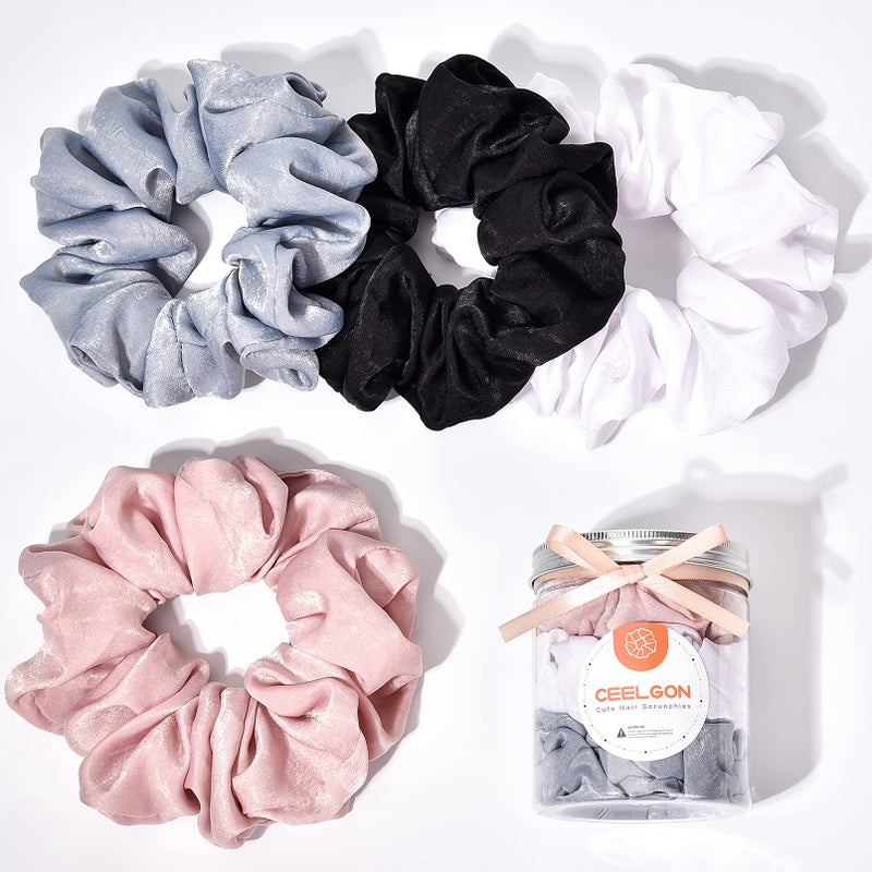 XL Big Silk Scrunchies Hair Ties for Women  CEELGON Oversized Black Satin Silk Scrunchie Exra Large Jumbo Gaint Soft Pink Chiffon Cute Scrunchy for Curl Thick Hair 4 Pack Black White