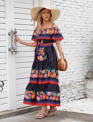 IKADEX Women Mexican Dress Off Shoulder Floral Long Maxi Dress Summer Beach Party Cinco de Mayo Dresses with Belt Black S - Image 3