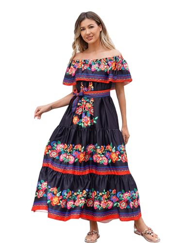 IKADEX Women Mexican Dress Off Shoulder Floral Long Maxi Dress Summer Beach Party Cinco de Mayo Dresses with Belt Black S - Image 1