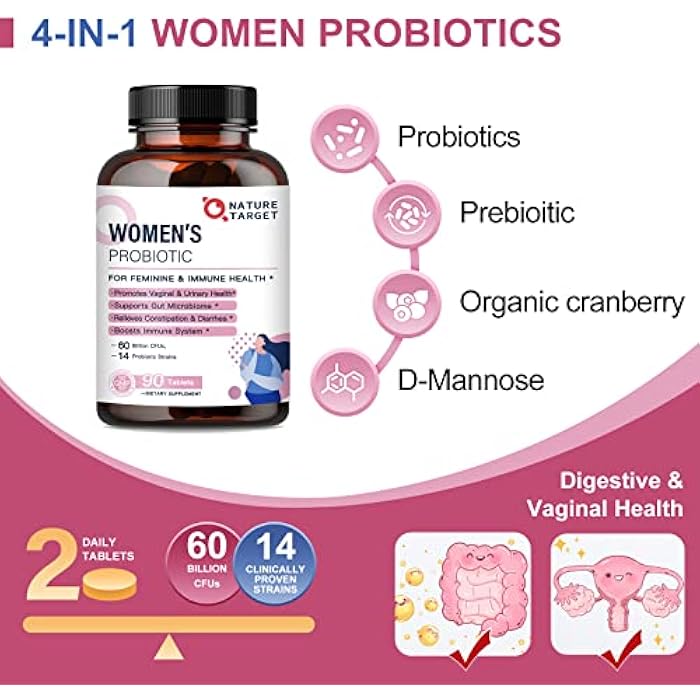 NATURE TARGET Probiotics-for-Women with Prebiotics, Cranberry and D-Mannose, 60-Billion-CFUs, Women's Probiotic for Digestive Health/Gut Health/Immune Booster - Image 3