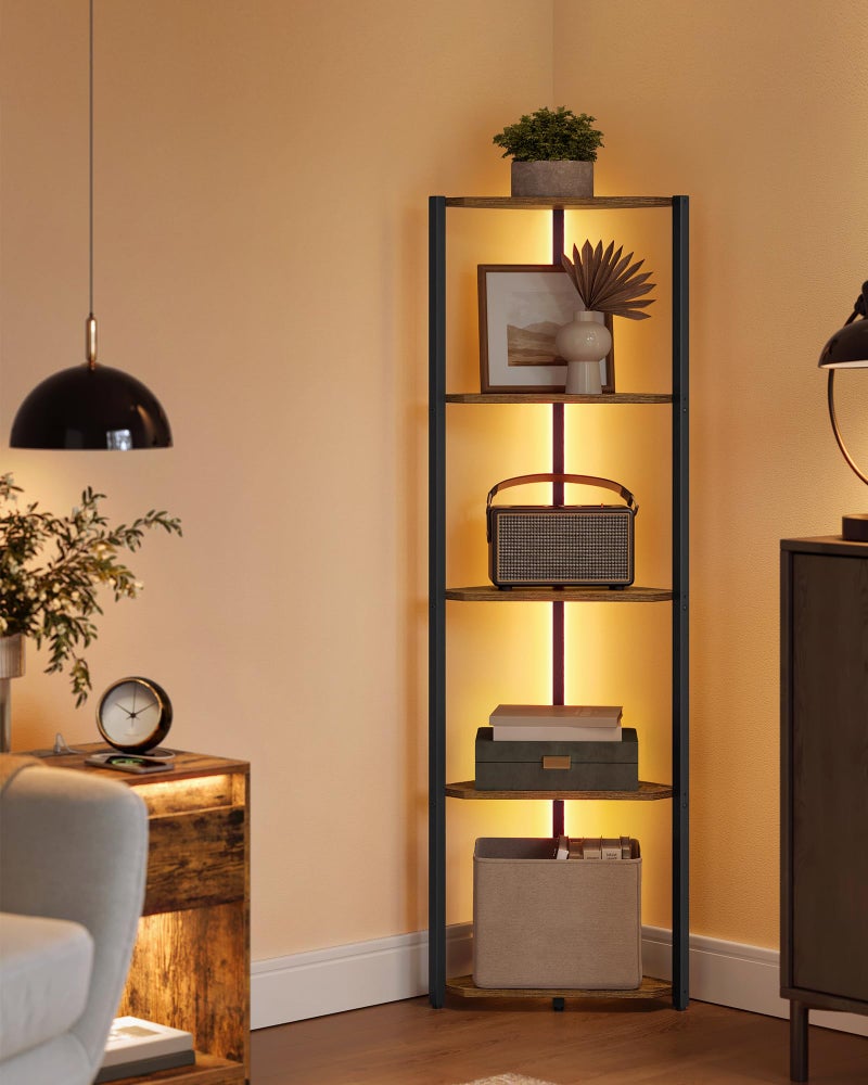رف زاوية VASAGLE مع أضواء LED 5 طبقات رف كتب زاوي للتخزين مع إطار فولاذي 98 x 189 x 577 بوصة لغرفة المعيشة أو غرفة النوم أو الدراسة بني ريفي ULBC590K01