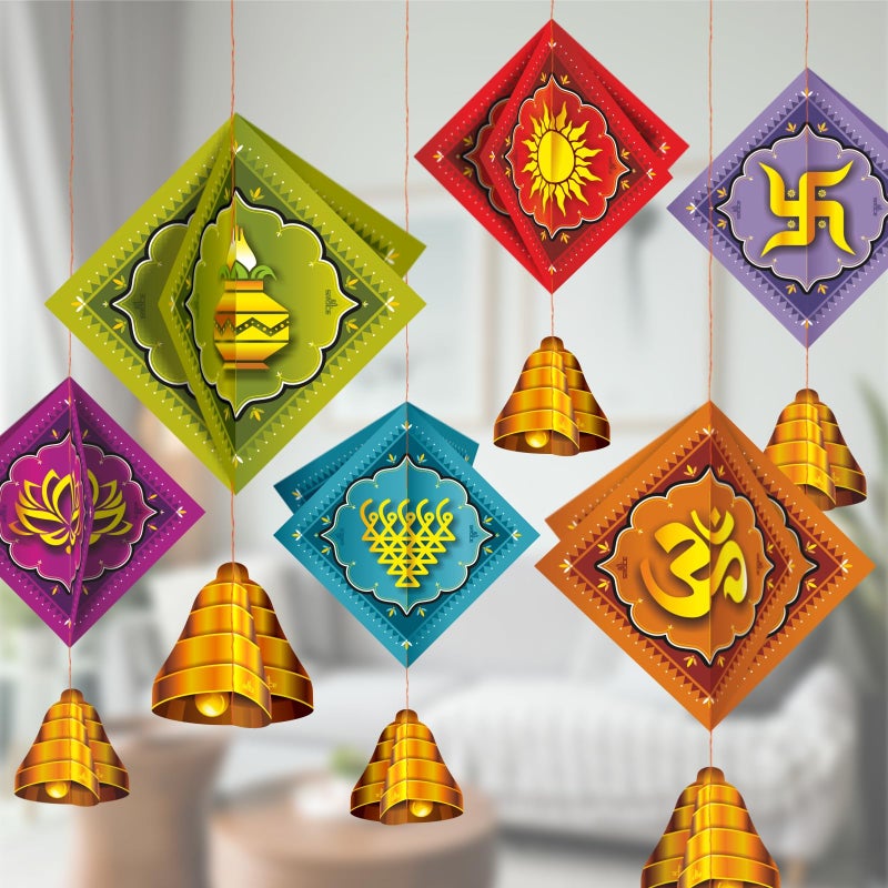 Shree SPACE شري سبيس - أجواء احتفالية (FV) - مجموعة من 12 زينة (6 رموز روحية، 2 لكل منها) زينة ورقية معلقة - Image 1