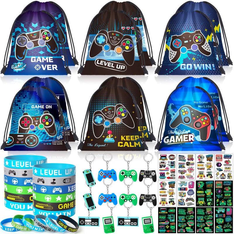SNLN Video Game Party Favors Birthday Supplies, Gamer Drawstring Bag Keychain Silicone Bracelet Tattoo Sticker, Gamer Gaming Birthday Party Favor Goodie Bag Stuffers Fillers Classroom Rewards for Kids - Image 1
