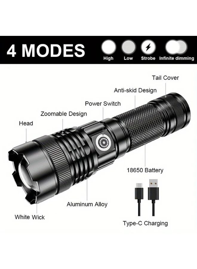 USB Rechargeable Flashlight Super Bright LED Torch Stepless Dimming 4 Modes Zoomable Beam Portable Outdoor Lantern - Image 3