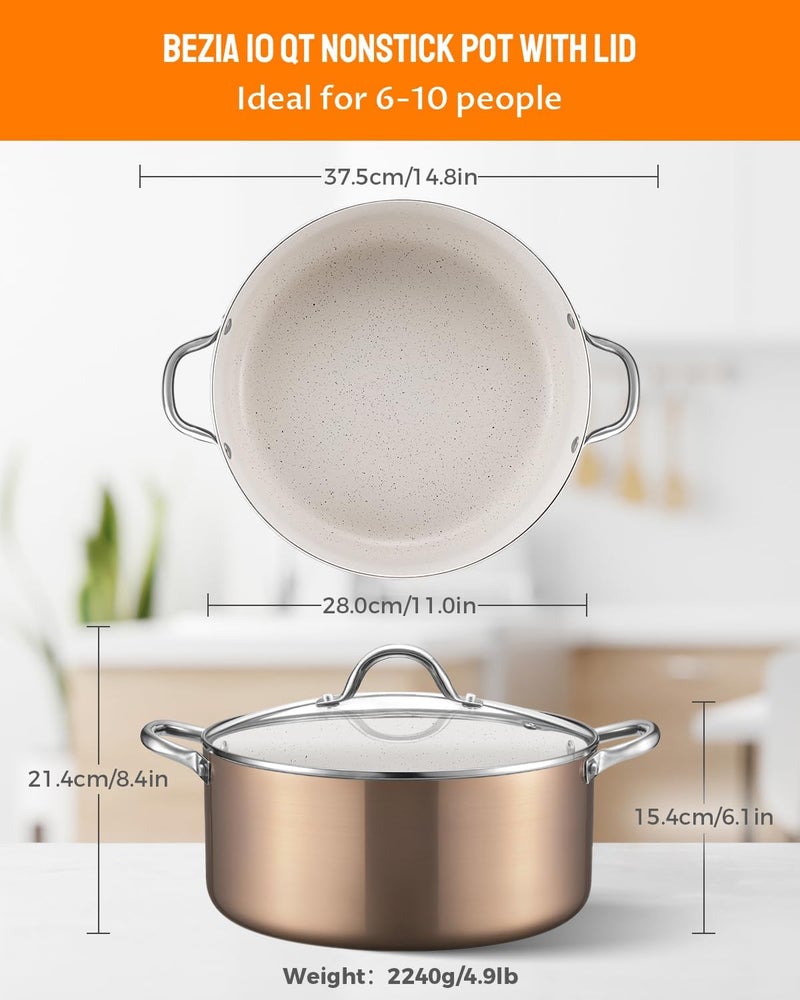 BEZIA وعاء طهي غير لاصق كبير سعة 10 كوارت مع غطاء، وعاء طهي للحساء لجميع أنواع المواقد، غير سام وآمن للاستخدام في الفرن، خالي من PFOA و PFAS، ذهبي - Image 2