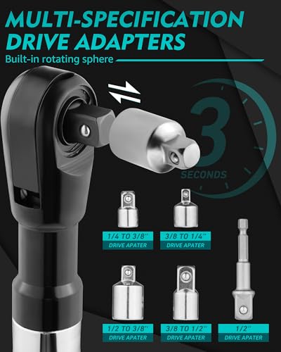 FAITIO Offset Extension Wrench for Drill, 1/2" Ratchet Extender Wrench for Tight Spaces​​, Twisting Adjustable Spanner with 3/8", 1/4" Square Adapters, 50-74FT Torque​ Impact Wrench - Image 4