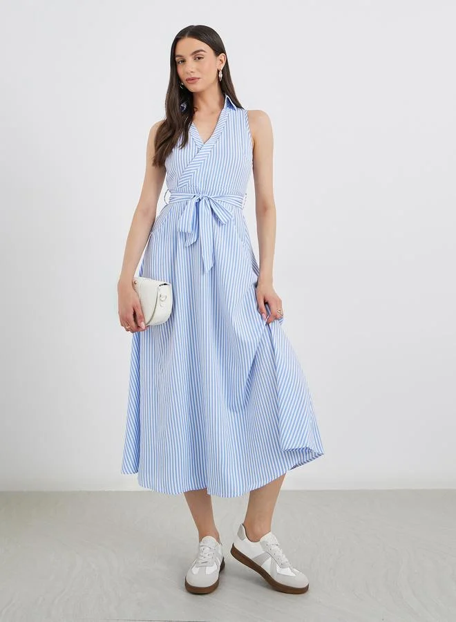 Take Two Striped Wrap Midi Dress with Waist Tie