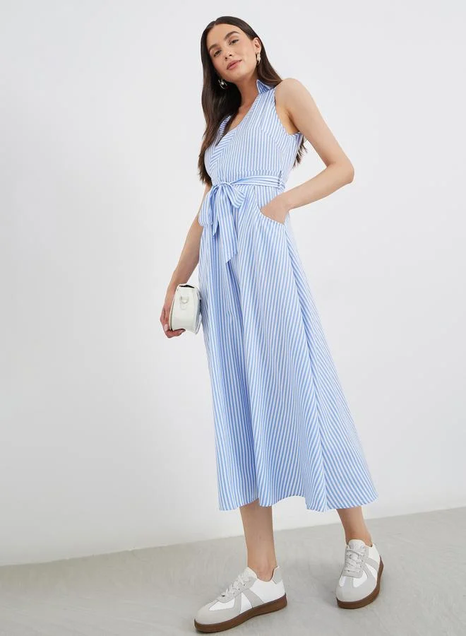 Take Two Take Two Striped Wrap Midi Dress with Waist Tie