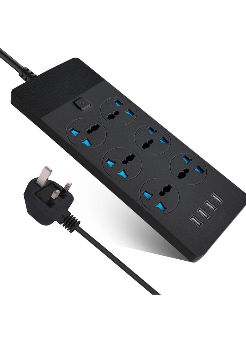 Zahaa - Power Strips Extension Cord 6 Outlets, Universal Plug Adapter With 4 Usb Ports Surge Protector, Charging Socket With 2M Bold Extension Cord (Black) - Image 1