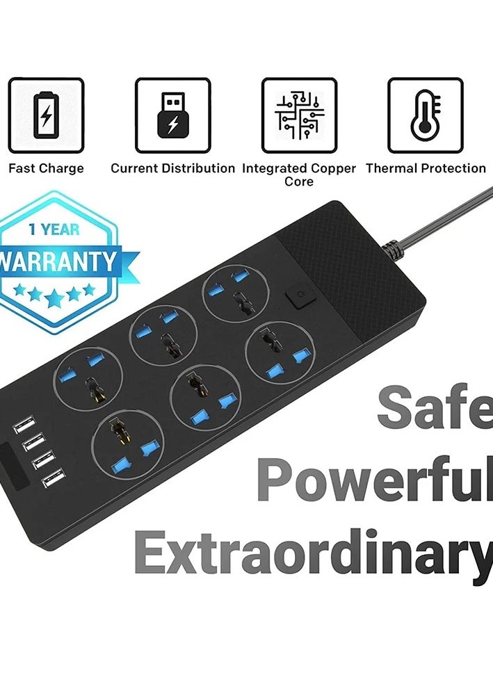 Zahaa - Power Strips Extension Cord 6 Outlets, Universal Plug Adapter With 4 Usb Ports Surge Protector, Charging Socket With 2M Bold Extension Cord (Black) - Image 1