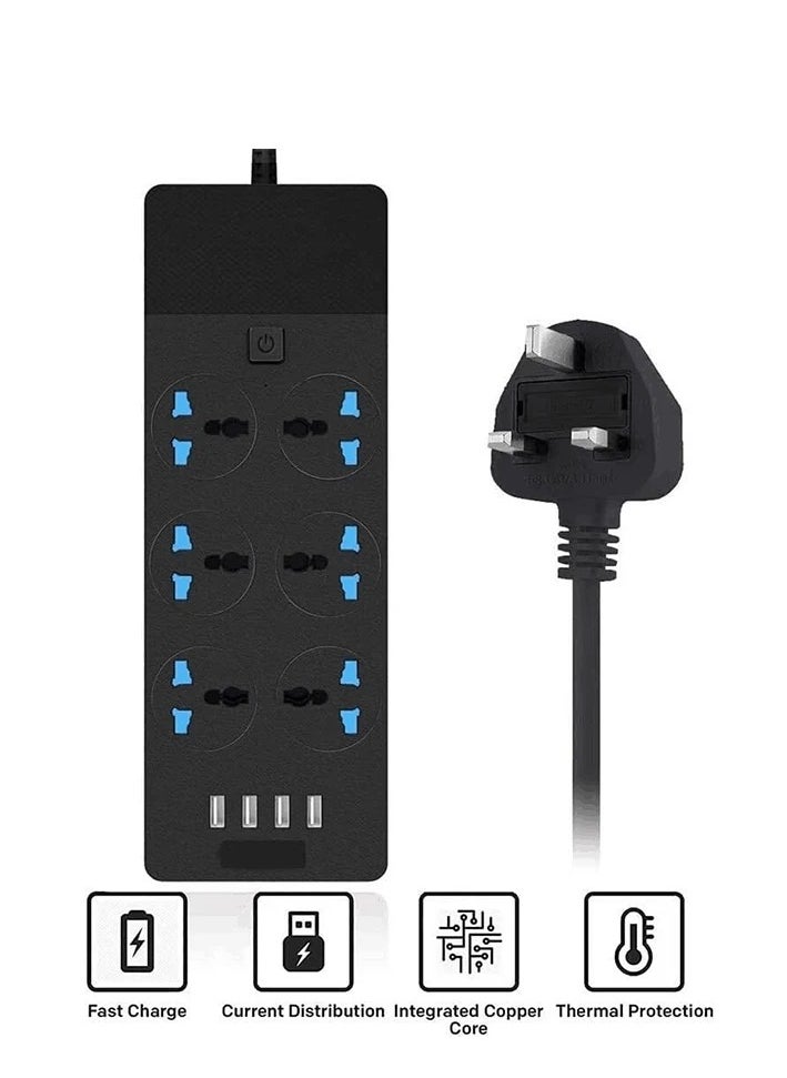 Zahaa - Power Strips Extension Cord 6 Outlets, Universal Plug Adapter With 4 Usb Ports Surge Protector, Charging Socket With 2M Bold Extension Cord (Black) - Image 1