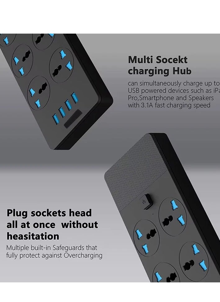 Zahaa - Power Strips Extension Cord 6 Outlets, Universal Plug Adapter With 4 Usb Ports Surge Protector, Charging Socket With 2M Bold Extension Cord (Black) - Image 1