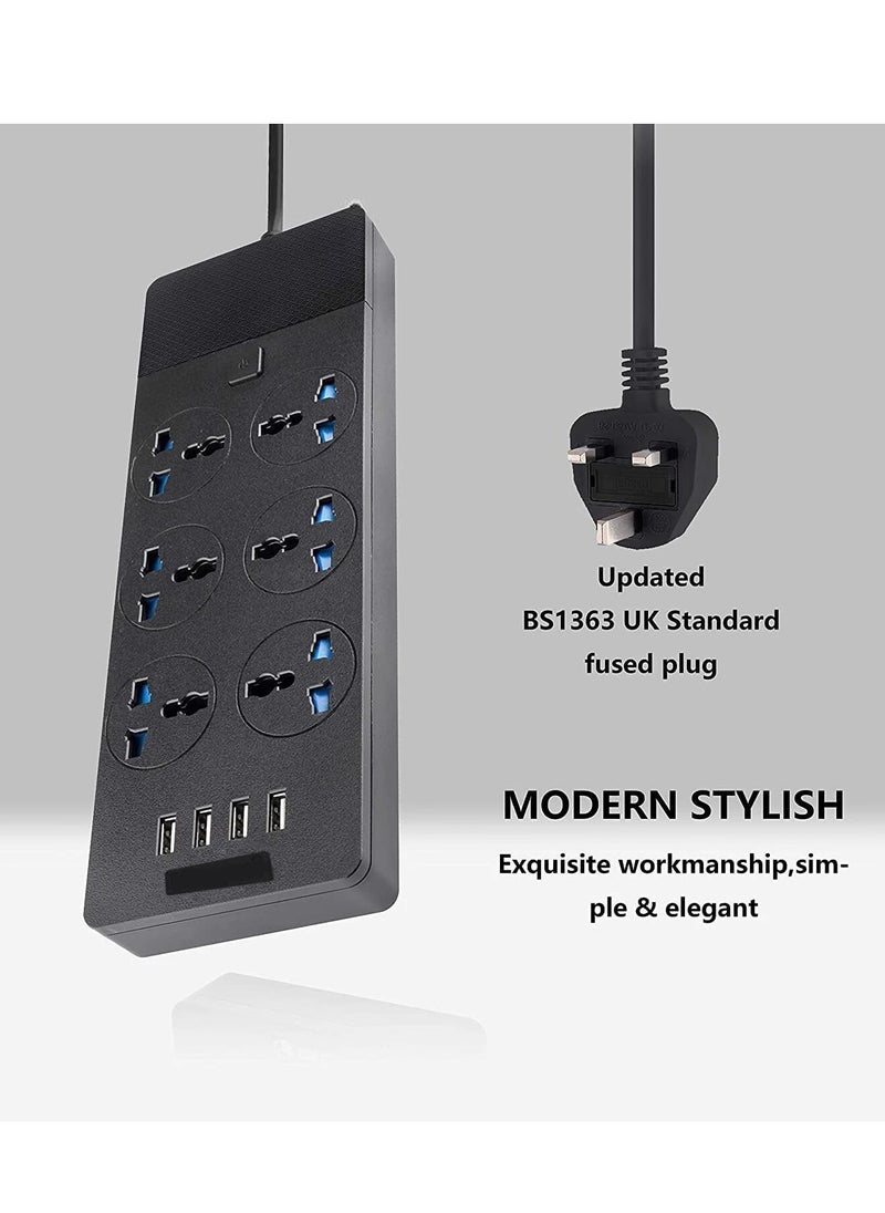 Zahaa - Power Strips Extension Cord 6 Outlets, Universal Plug Adapter With 4 Usb Ports Surge Protector, Charging Socket With 2M Bold Extension Cord (Black) - Image 1