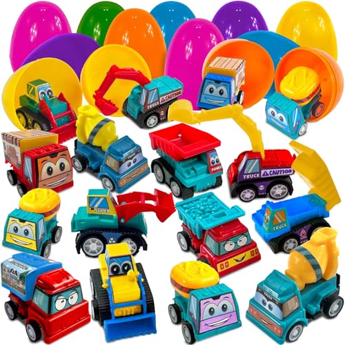 stargo 8 Pack Colorful Prefilled Easter Eggs Bulk with Toys Mini Car Set Construction Engineering Vehicles PullBack Cars Plastic Easter Eggs Filled Basket Fillers Party Favors Boys Goodie Bags - Image 1