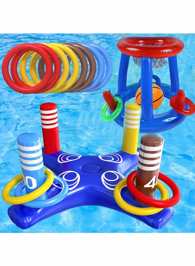 MIXDE Pool Toys Games Set - Floating Basketball Hoop&Inflatable Pool Ring Toss for Children Adults Family Swimming Water Sport Fun Floats Accessories - Image 2
