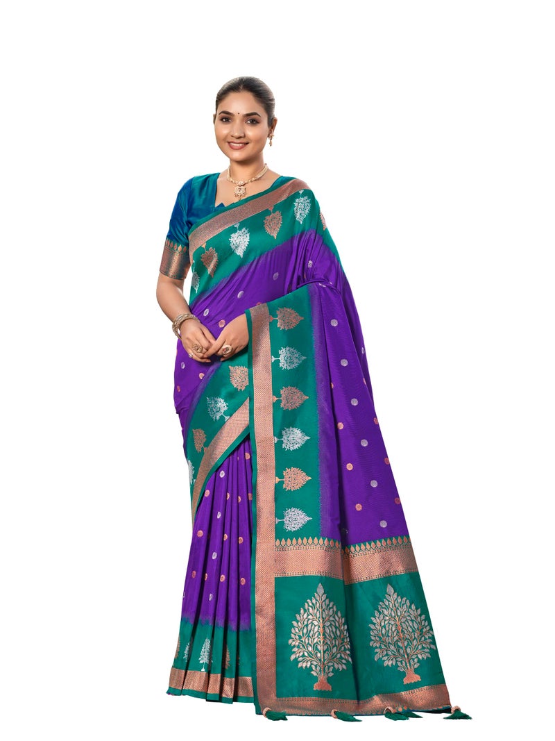 MANOHARI Women's Most Trendy Banarasi Soft Silk Woven Purple and Turquoise Blue Saree With Heavy Jacquard Work Saree With Blue Blouse Piece_MN2009 - Image 1