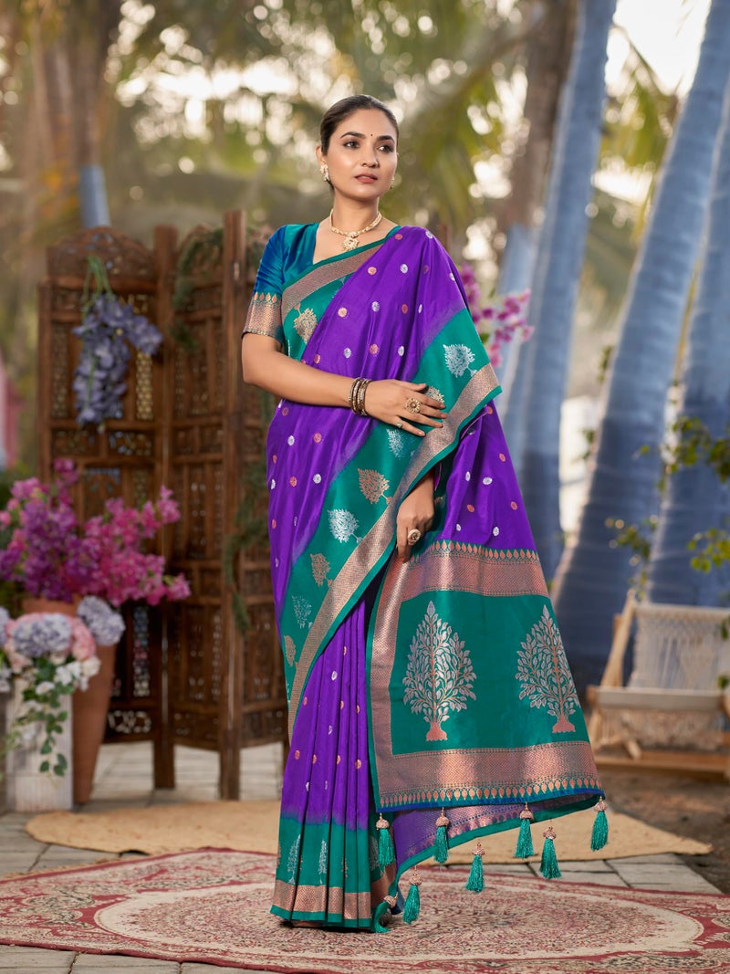 MANOHARI Women's Most Trendy Banarasi Soft Silk Woven Purple and Turquoise Blue Saree With Heavy Jacquard Work Saree With Blue Blouse Piece_MN2009 - Image 5