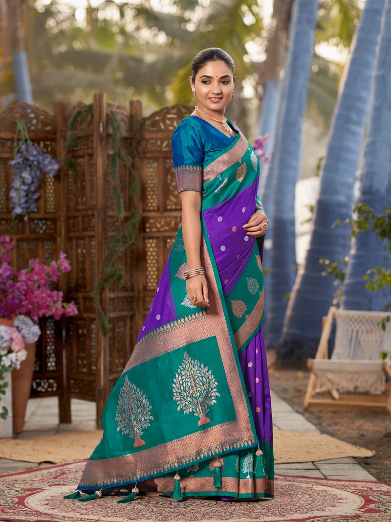 MANOHARI Women's Most Trendy Banarasi Soft Silk Woven Purple and Turquoise Blue Saree With Heavy Jacquard Work Saree With Blue Blouse Piece_MN2009 - Image 4