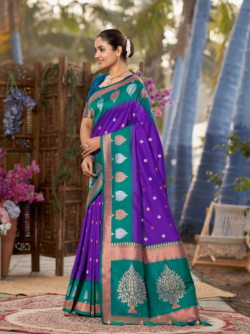 MANOHARI Women's Most Trendy Banarasi Soft Silk Woven Purple and Turquoise Blue Saree With Heavy Jacquard Work Saree With Blue Blouse Piece_MN2009 - Image 2