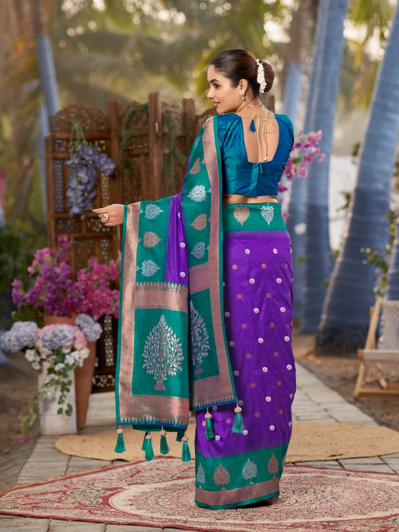 MANOHARI Women's Most Trendy Banarasi Soft Silk Woven Purple and Turquoise Blue Saree With Heavy Jacquard Work Saree With Blue Blouse Piece_MN2009 - Image 3