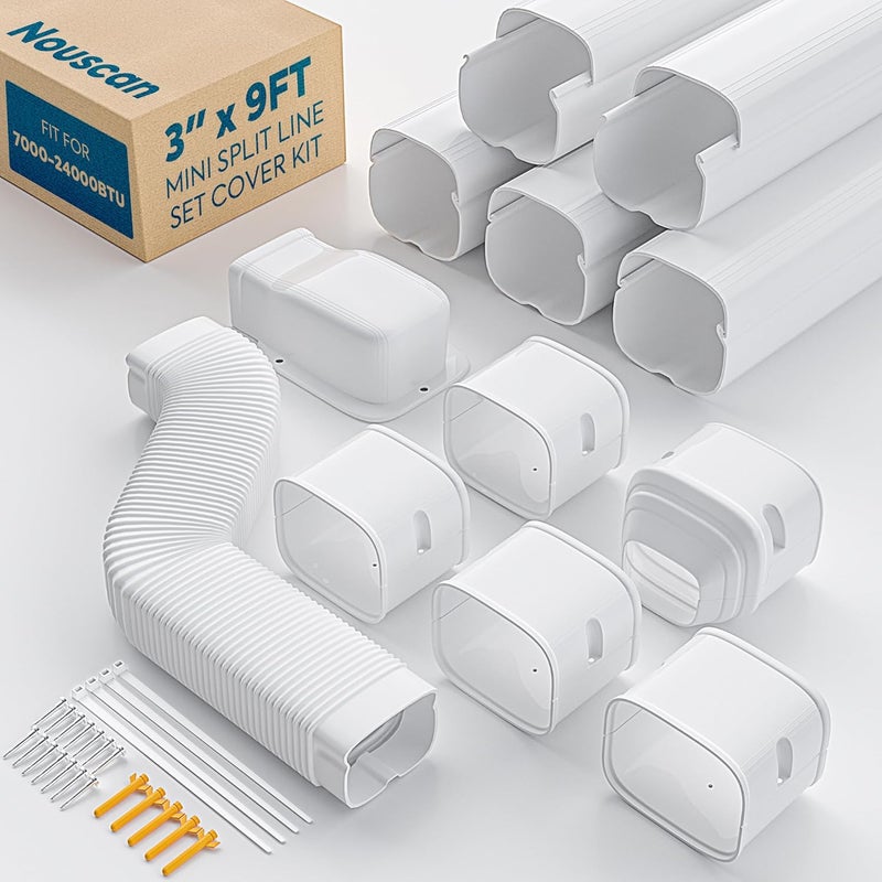 Nouscan 3" 9Ft Mini Split Line Set Cover with Flexible Duct, Upgrade PP Decorative Minisplit Lineset Cover Kit, Paintable for Mini Split, Air Conditioner, Central AC, HVAC and Heat Pumps, White - Image 1