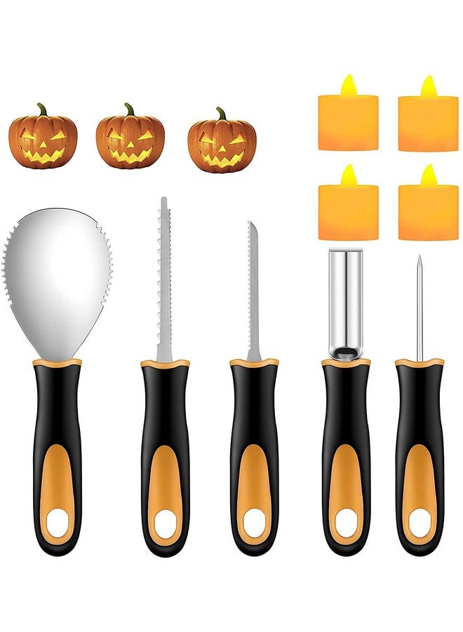 Yixiang Yixiang Halloween Pumpkin Carving Kit, 5 Pieces Heavy Duty Professional Stainless Steel Carving Tools Set for Halloween Decorations, Included 4 LED Candles  - Image 1