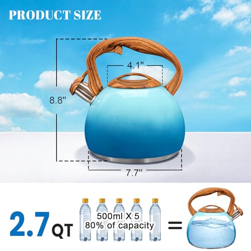 GGC Tea Kettle for Stove Top, 3.1QT/3L Whistling Tea Kettles for Boiling Water Coffee or Milk, Gradient Blue Tea Pot with Wood Parttern Handle, Stainless Steel Tea Pots for Home and Kitchen - Image 2