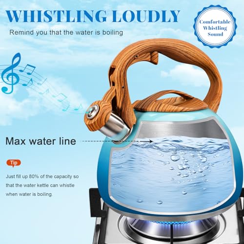 GGC Tea Kettle for Stove Top, 3.1QT/3L Whistling Tea Kettles for Boiling Water Coffee or Milk, Gradient Blue Tea Pot with Wood Parttern Handle, Stainless Steel Tea Pots for Home and Kitchen - Image 3