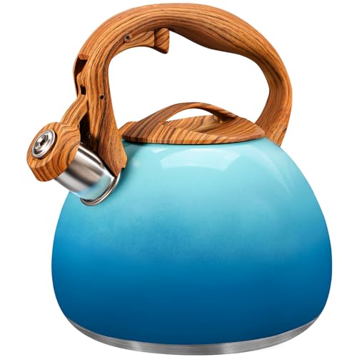 GGC Tea Kettle for Stove Top, 3.1QT/3L Whistling Tea Kettles for Boiling Water Coffee or Milk, Gradient Blue Tea Pot with Wood Parttern Handle, Stainless Steel Tea Pots for Home and Kitchen - Image 1