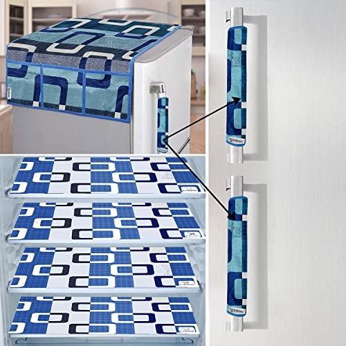 E-Retailer® Exclusive Combo Set of Appliances Cover (1 Pc. of Fridge Top Cover, 2 Pc. of Refrigerator Handle Cover and 4 Pc. Of Refrigerator Mat/Fridge Shelf Mat) ( Blue, Design-Box, Set Contains- 7 Pcs) - Image 1