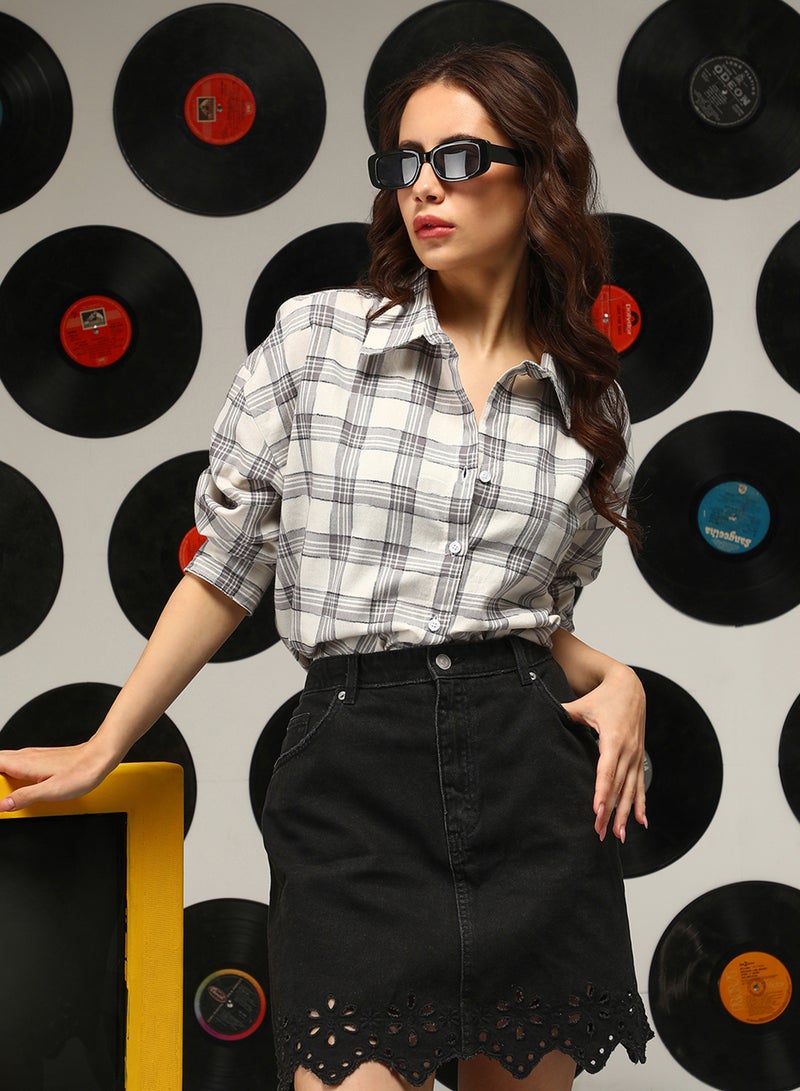 PINACOLADA Women's Cloud Grey:Off-White Shephard-Check Oversized Shirt - Image 1