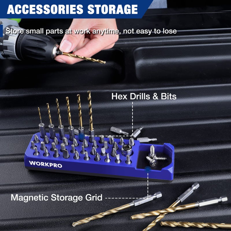 WORKPRO Magnetic Hex Bit Holder, 39-Hole Organizer Tray with Strong Magnetic Base, Accessories Storage Grid, Compatible with 1/4 Inch Hex Bit & Drill Bit Adapter, Blue - Image 3