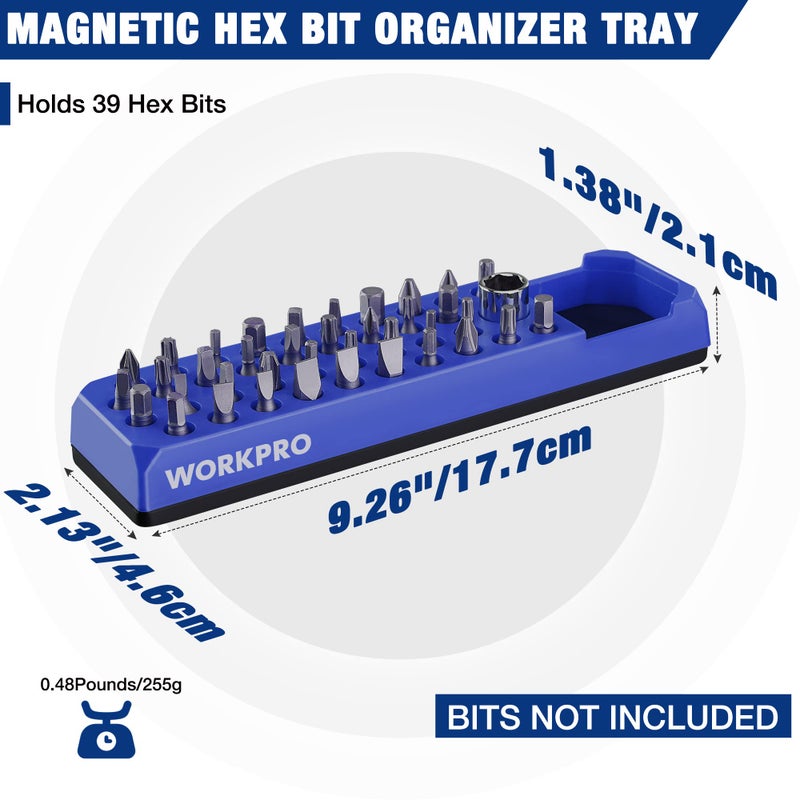 WORKPRO Magnetic Hex Bit Holder, 39-Hole Organizer Tray with Strong Magnetic Base, Accessories Storage Grid, Compatible with 1/4 Inch Hex Bit & Drill Bit Adapter, Blue - Image 2