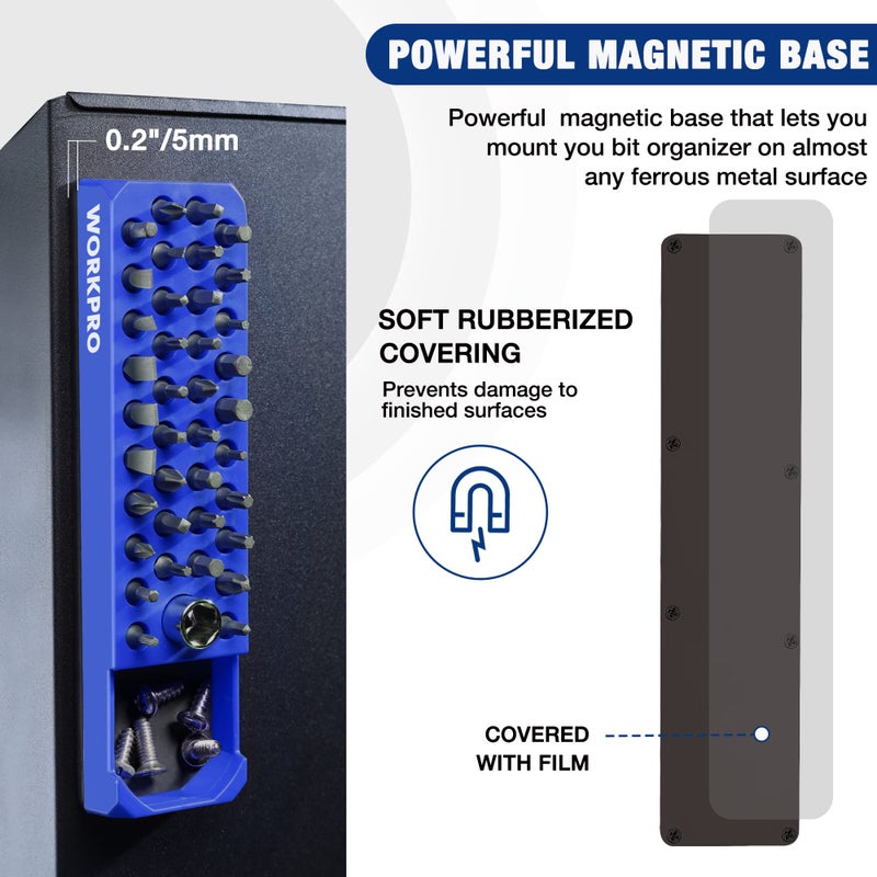WORKPRO Magnetic Hex Bit Holder, 39-Hole Organizer Tray with Strong Magnetic Base, Accessories Storage Grid, Compatible with 1/4 Inch Hex Bit & Drill Bit Adapter, Blue - Image 4
