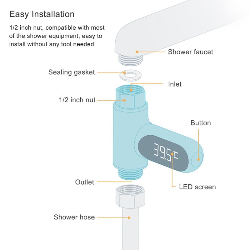 LED Display Water Meter Digital Shower Thermometer Bath Temperature Monitor Water-temperature Measuring Instrument with 5~85℃ Range ℃/℉ High Accuracy Shower Bathroom Accessory - Image 2