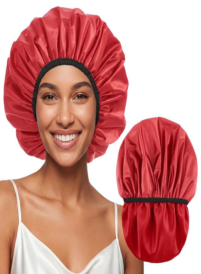 Supaze Extra Large Waterproof Shower Cap for Women, Double Layer Satin Lined Hair Bonnet for Curly Hair, Reusable Bath Cap with Elastic Edge for Long Thick Hair (Red) - Image 1