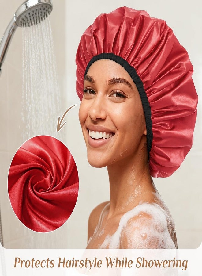 Supaze Extra Large Waterproof Shower Cap for Women, Double Layer Satin Lined Hair Bonnet for Curly Hair, Reusable Bath Cap with Elastic Edge for Long Thick Hair (Red) - Image 3