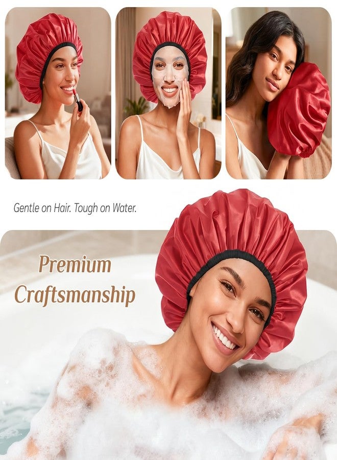 Supaze Extra Large Waterproof Shower Cap for Women, Double Layer Satin Lined Hair Bonnet for Curly Hair, Reusable Bath Cap with Elastic Edge for Long Thick Hair (Red) - Image 4
