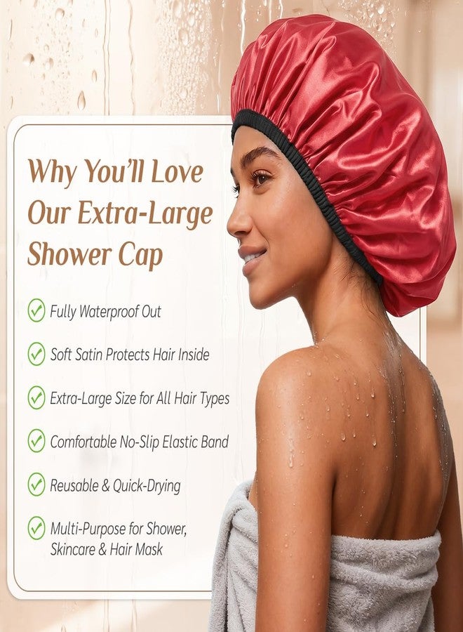Supaze Extra Large Waterproof Shower Cap for Women, Double Layer Satin Lined Hair Bonnet for Curly Hair, Reusable Bath Cap with Elastic Edge for Long Thick Hair (Red) - Image 5