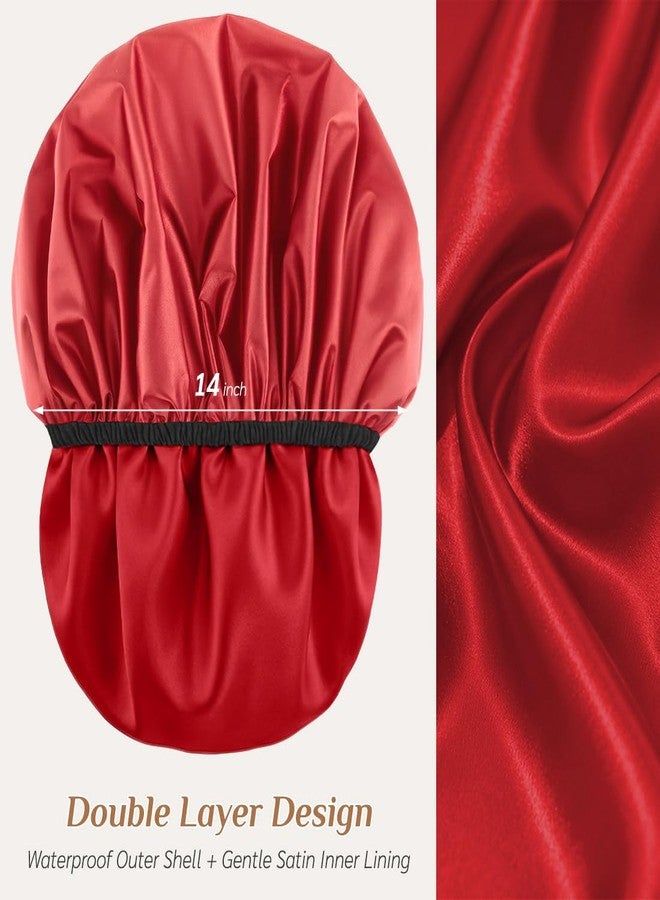 Supaze Extra Large Waterproof Shower Cap for Women, Double Layer Satin Lined Hair Bonnet for Curly Hair, Reusable Bath Cap with Elastic Edge for Long Thick Hair (Red) - Image 2