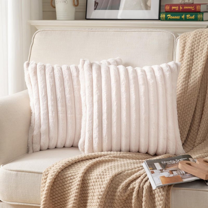 DEELAND Pack of 2DoubleSided Faux Fur Plush Decorative Throw Pillow Covers Fuzzy Striped Soft Pillowcase Cushion Covers for Sofa Couch Bedroom Beige 18x18 inch