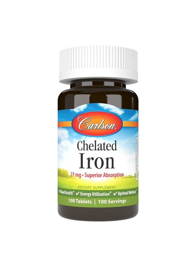 Carlson - Chelated Iron, 27 mg Superior Absorption, Blood Health, Energy Utilization & Optimal Wellness, 100 Tablets - Image 1